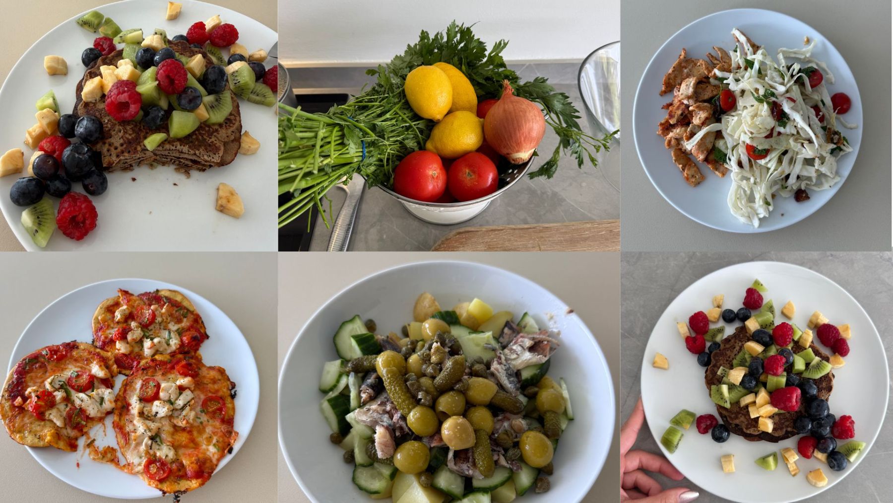 Collage of six images of healthy meals and ingredients